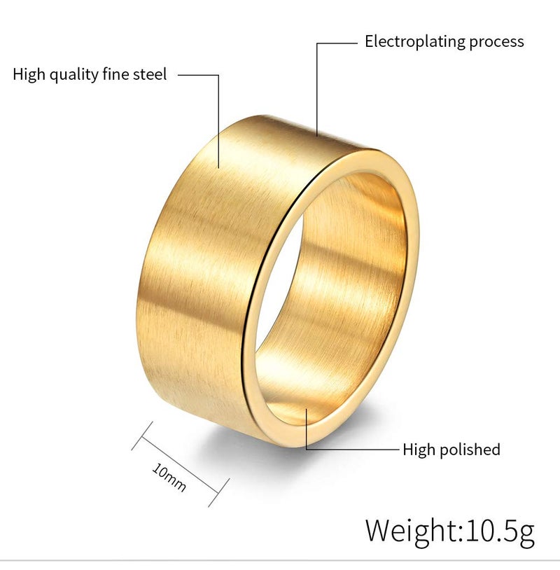 INRENG Mens Womens Stainless Steel Ring 10mm Wide Cool Plain Band Matte Brushed Finish Flat Top 10mm Gold Size 7 - Image 2